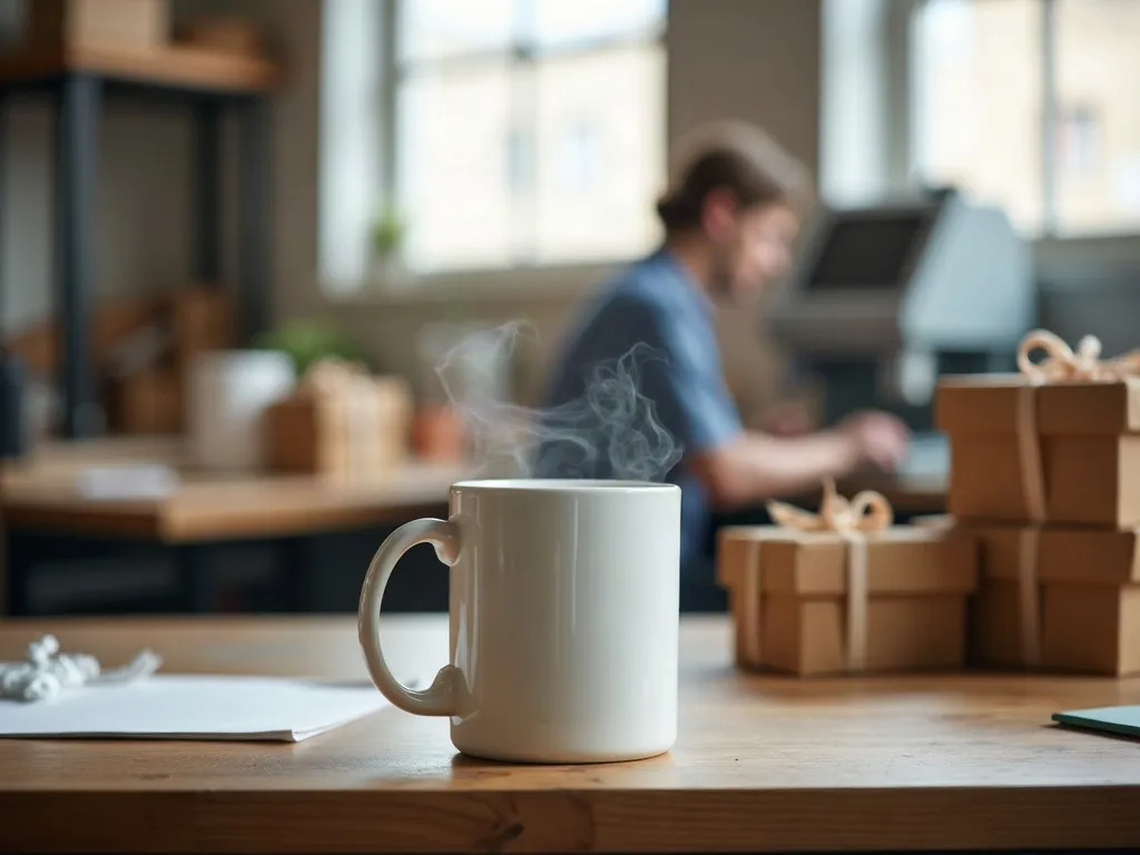 Fête des pères : offrir un mug à un papa motard 4 Un mug en céramique blanc posé sur un établi d'atelier d'impression, à côté d'une presse et de cartons d'expédition