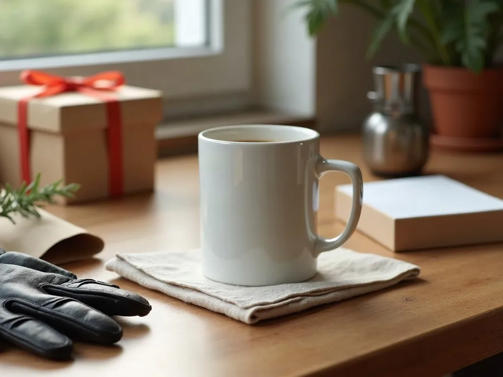 Fête des pères : offrir un mug à un papa motard 5 Un mug en céramique posé sur une table de petit-déjeuner avec un paquet de café, une carte vierge et des gants de moto