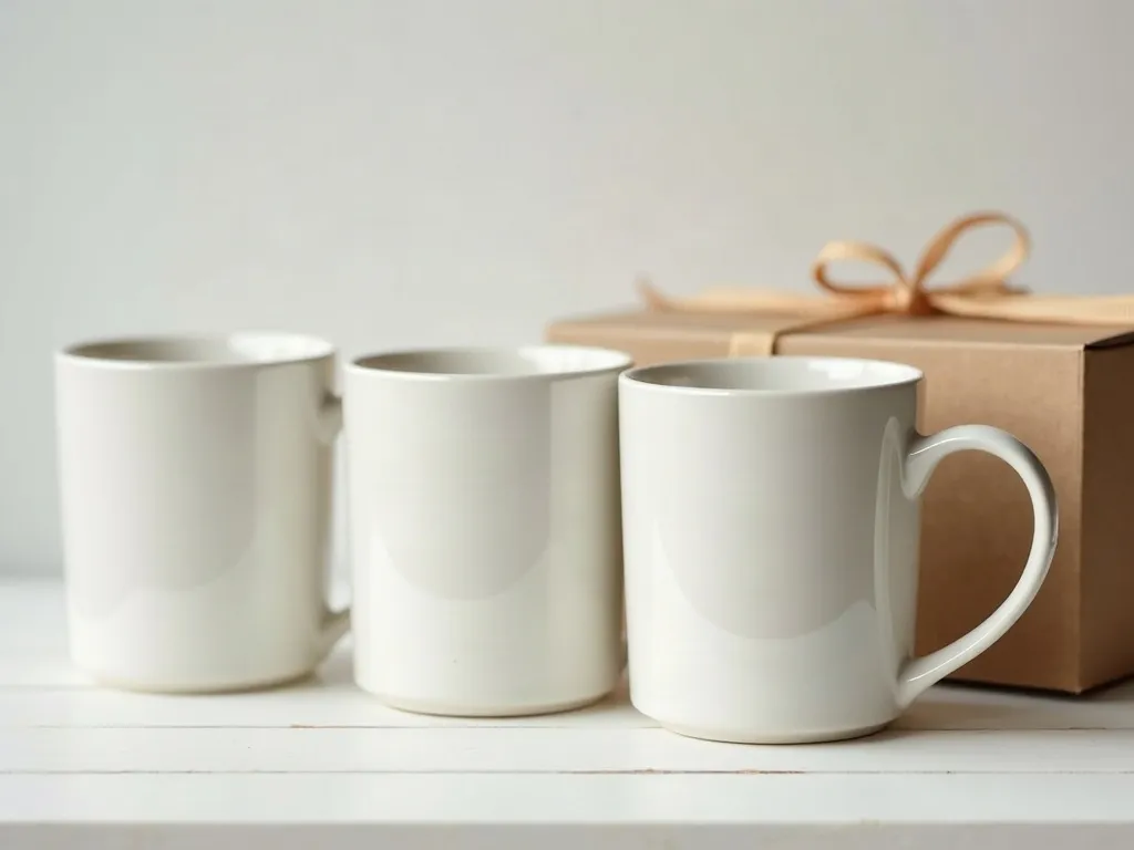 Reconnaître un mug de bonne qualité : cinq points à observer 5 Trois mugs en céramique identiques alignés côte à côte sur une étagère en bois blanc, sous une lumière du jour douce