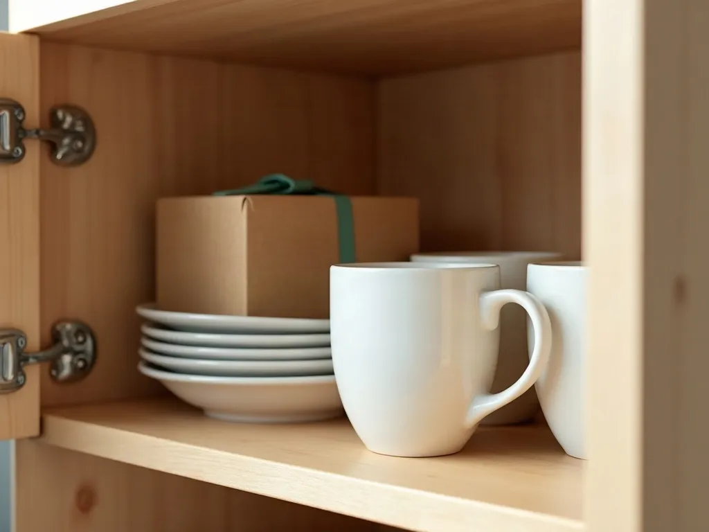 Cadeau original pour un amoureux des chats : miser sur le quotidien 3 Trois mugs en céramique aux parois droites alignés sur une étagère de placard de cuisine à côté d'assiettes blanches