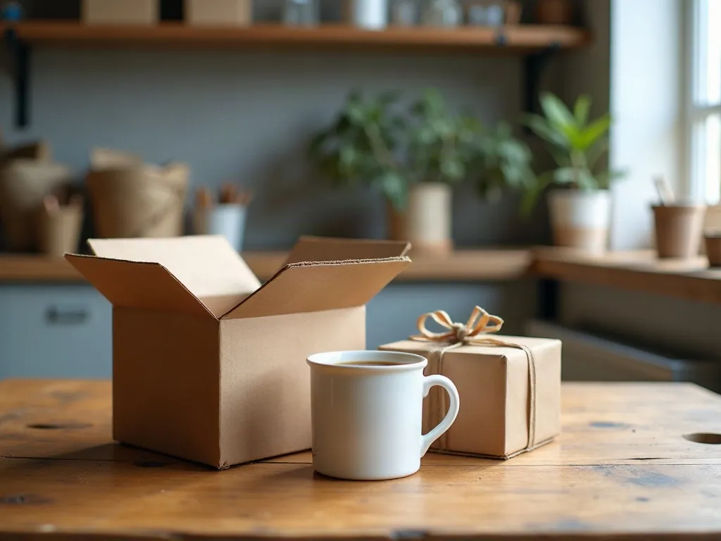 Passionné de moto : des idées de cadeaux qui sortent du casque 6 Un mug blanc posé près d'un carton d'expédition garni de papier kraft sur une table d'atelier artisanal, dans une lumière naturelle douce.
