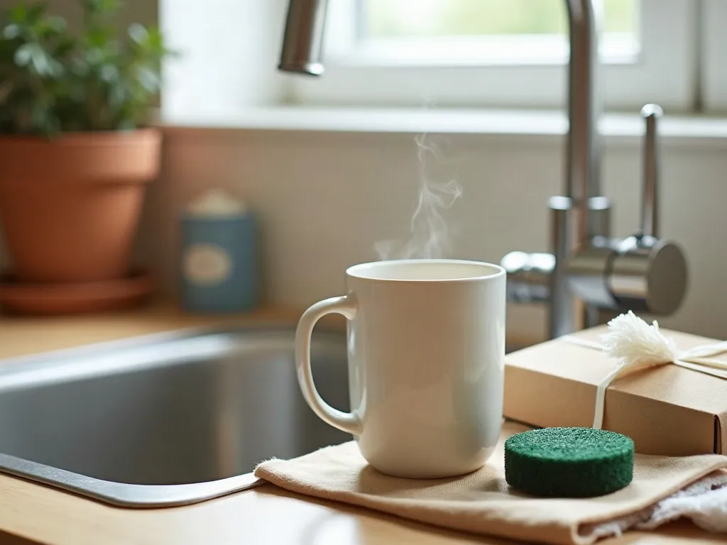 Nettoyer un mug taché par le café : méthodes douces qui marchent 4 Un mug blanc posé au bord d'un évier, avec une éponge abrasive et un tampon métallique écartés et un chiffon doux à proximité