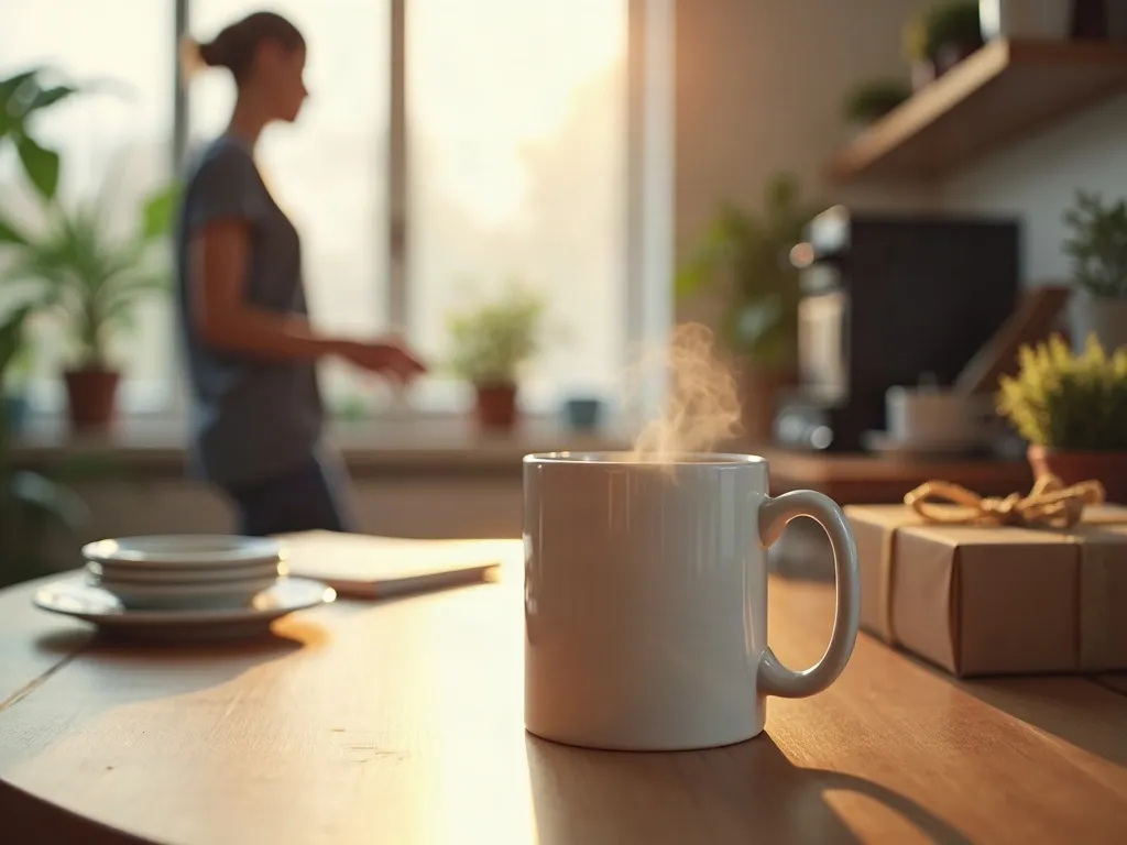 Mug drôle pour un collègue : bien choisir le message 6 Un mug en céramique posé sur le plan de travail d'une cuisine de bureau près d'une machine à café, dans la lumière du matin