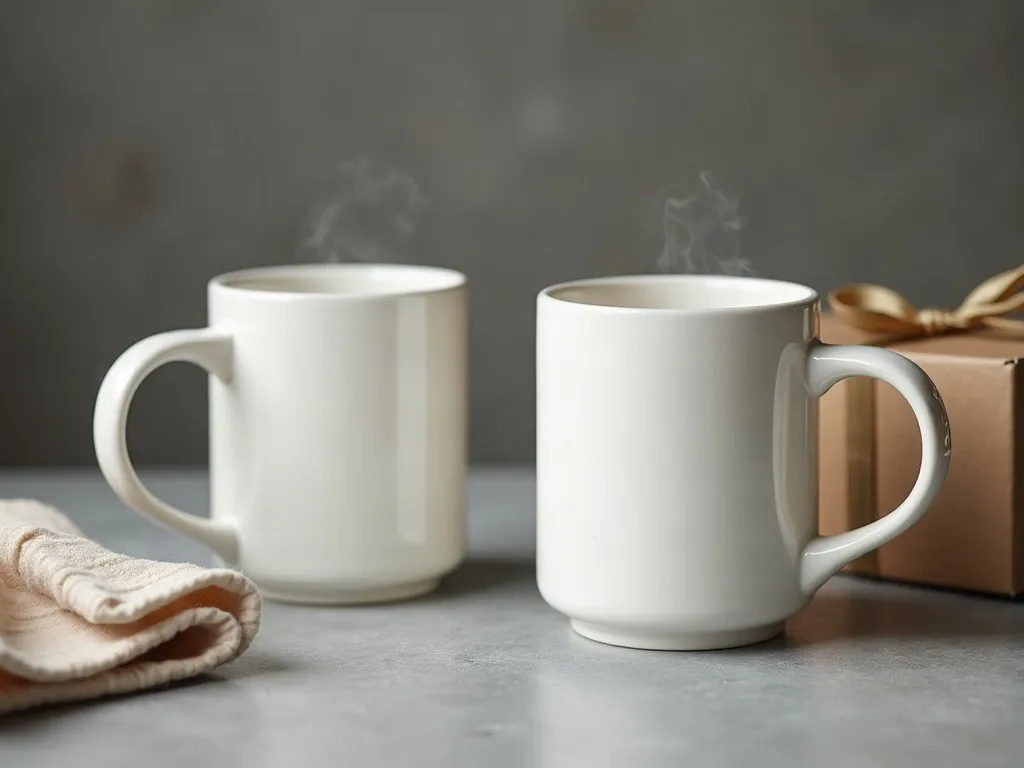 Mug imprimé en France : ce que change une fabrication en Moselle 3 Gros plan sur deux mugs en céramique blanche unis posés sur un plan de travail en béton, la lumière révélant la brillance de l'émail
