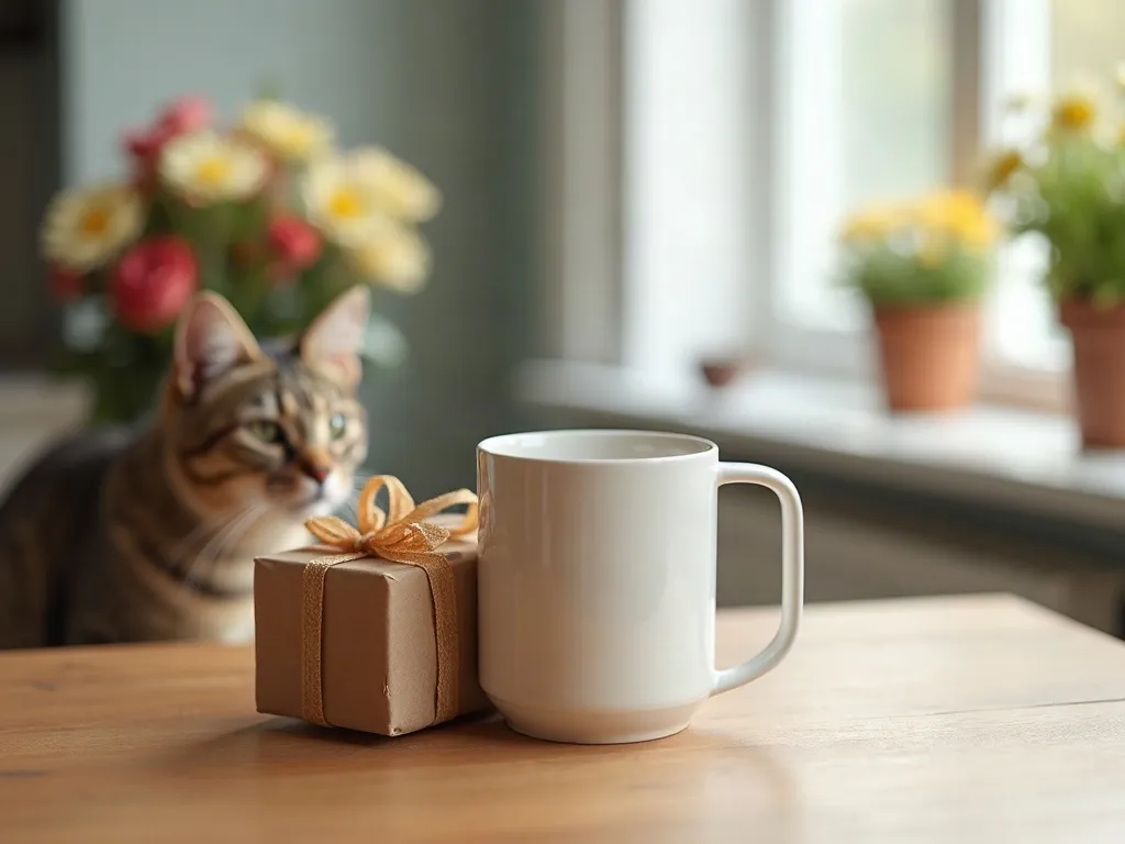 Cadeau pour une maman qui aime les chats : l'idée du mug 4 Un petit cadeau emballé dans du papier kraft posé sur une table en bois près d'un bouquet de fleurs, avec un chat curieux qui renifle le ruban.