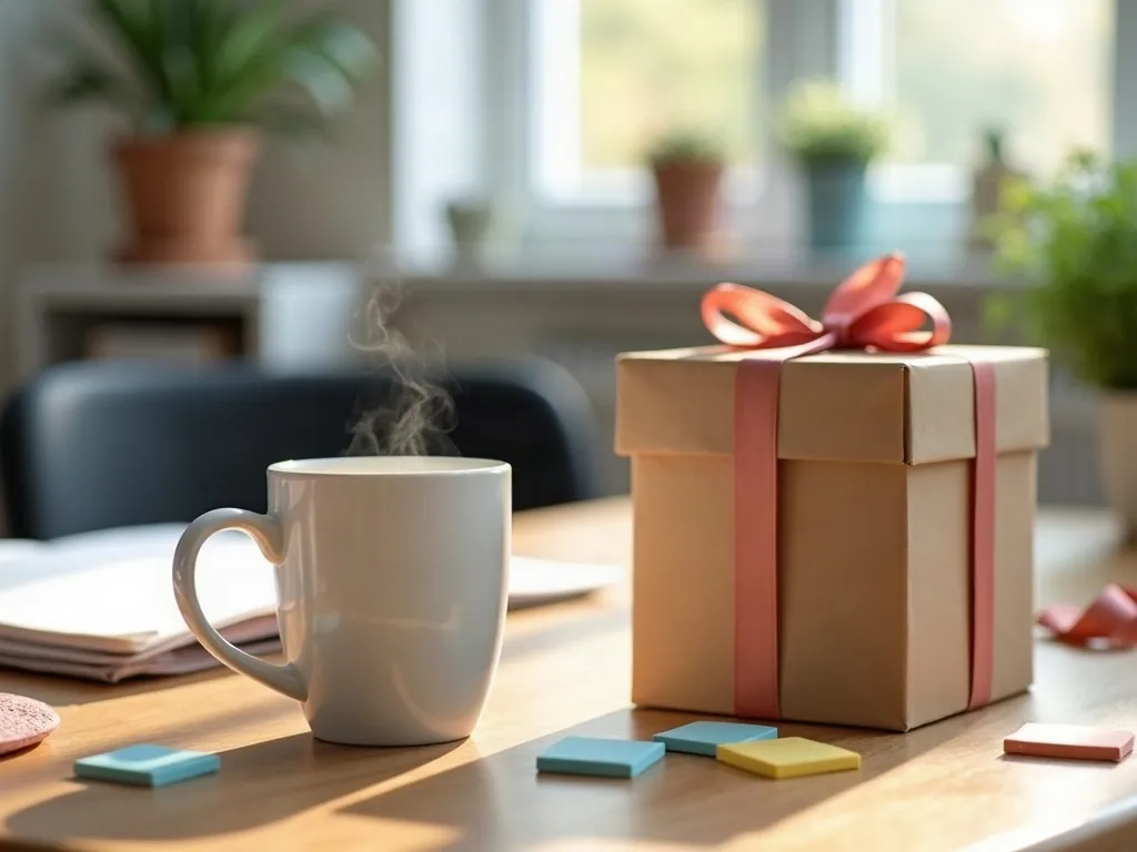 Mug drôle pour un collègue : bien choisir le message 5 Un mug en céramique posé sur un bureau à côté d'une boîte cadeau en kraft, d'un ruban et d'une petite plante verte, dans une lumière d'après-midi