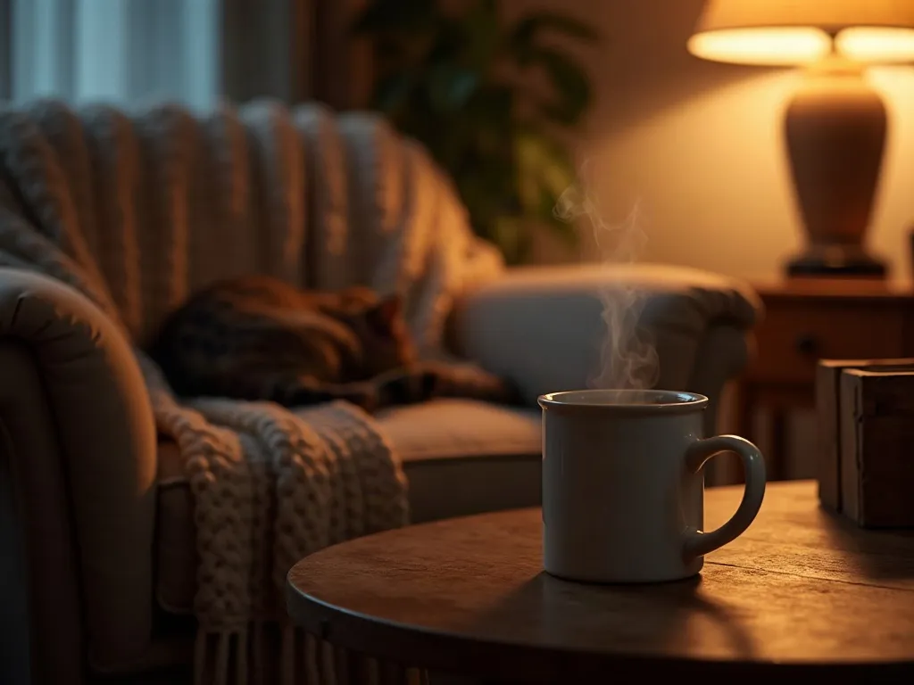 Cadeau pour une maman qui aime les chats : l'idée du mug 3 Le soir, une femme assise dans un fauteuil avec un chat endormi sur ses genoux et un mug de thé fumant posé sur l'accoudoir, sous la lumière chaude d'une lampe.