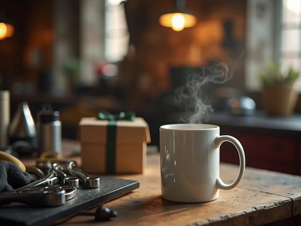 Passionné de moto : des idées de cadeaux qui sortent du casque 2 Mug en céramique posé sur un plan de travail d'atelier, entouré de clés et d'outils, avec une moto floue en arrière-plan.