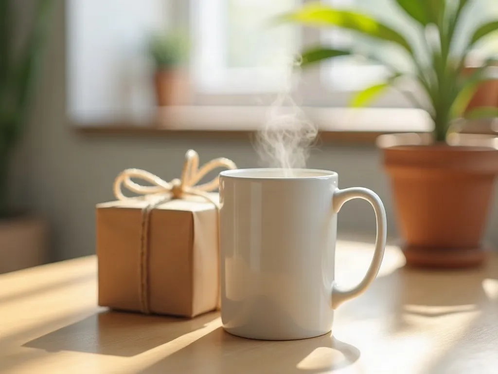 Mug imprimé en France : ce que change une fabrication en Moselle 6 Un mug en céramique blanc uni posé sur une table en bois à côté d'une boîte cadeau en kraft ouverte avec papier de soie et ficelle, dans une lumière douce du matin