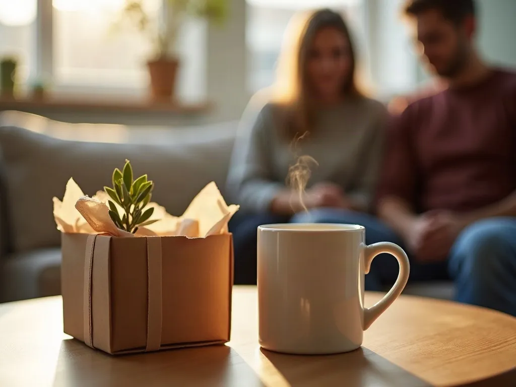 Cadeau original pour un amoureux des chats : miser sur le quotidien 4 Mug blanc posé près d'un carton cadeau ouvert avec papier de soie sur une table basse, deux personnes floues sur un canapé en arrière-plan